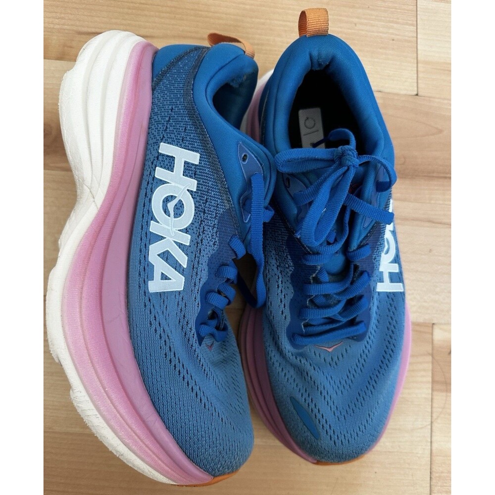 HOKA Bondi 8 Women’s Running Shoes Wide Cushioned Blue Pink White US 7.5
